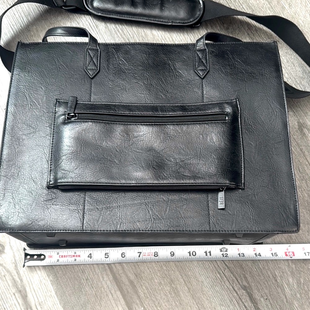 BEIS Vegan Leather Black Structured Work Tote w/Handles & Crossbody Strap - Picture 3 of 16